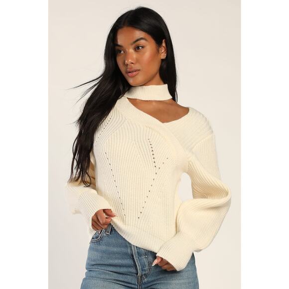 Lulus Trendy Forecast Ivory Pointelle Knit Mock Neck Cutout Sweater XL NWT - Picture 1 of 7